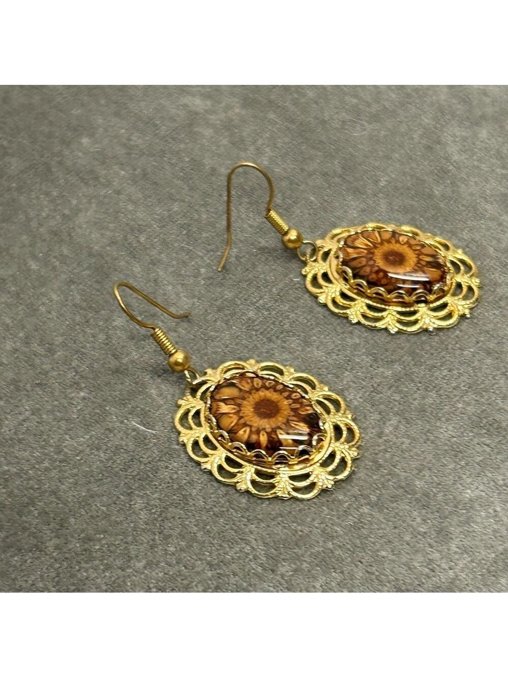 Gold Tone Flower Cat Eye Oval Dangling Earrings View 3